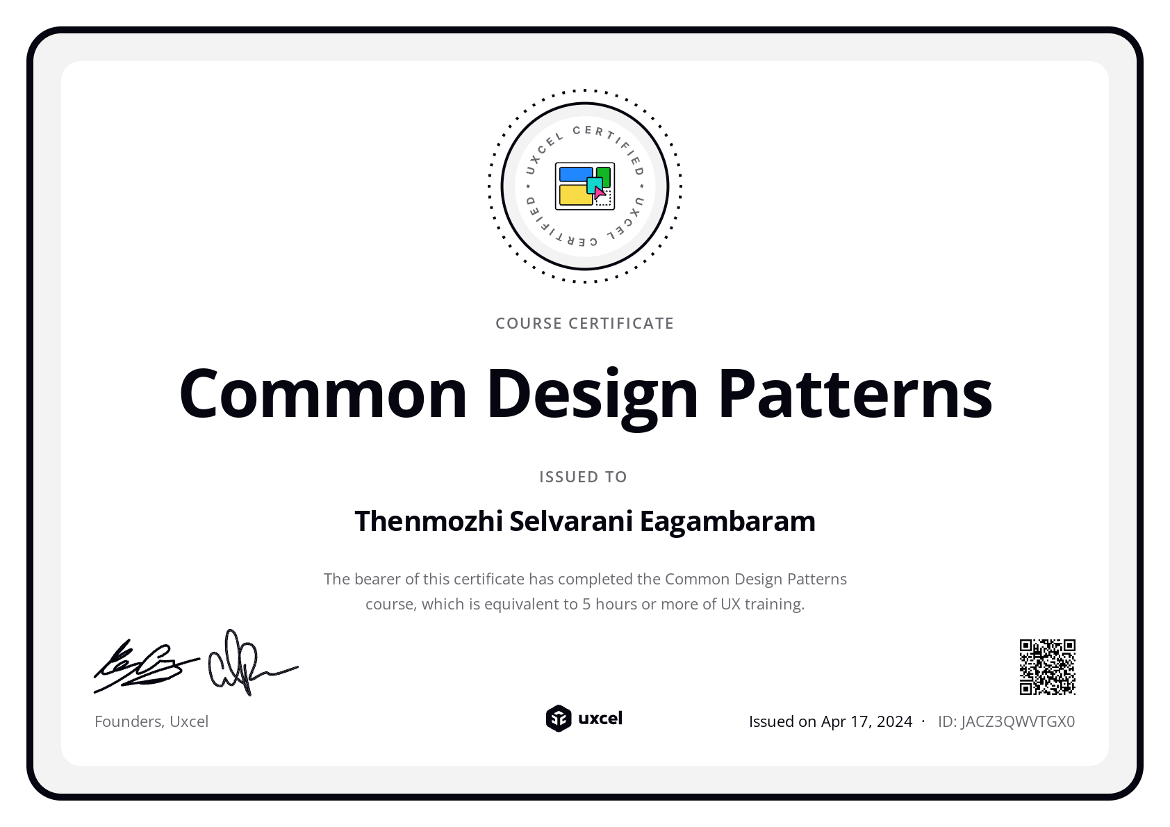 Thenmozhi Selvarani Eagambaram's certificate